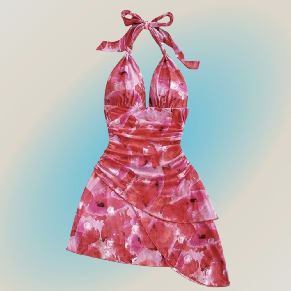 SHEIN Pink Floral Halter Dress